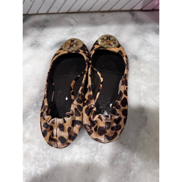 Tory Burch Eddie Leopard Calf Hair Ballet Flats Gold Logo Size 8 Made in Brazil - Picture 8 of 13